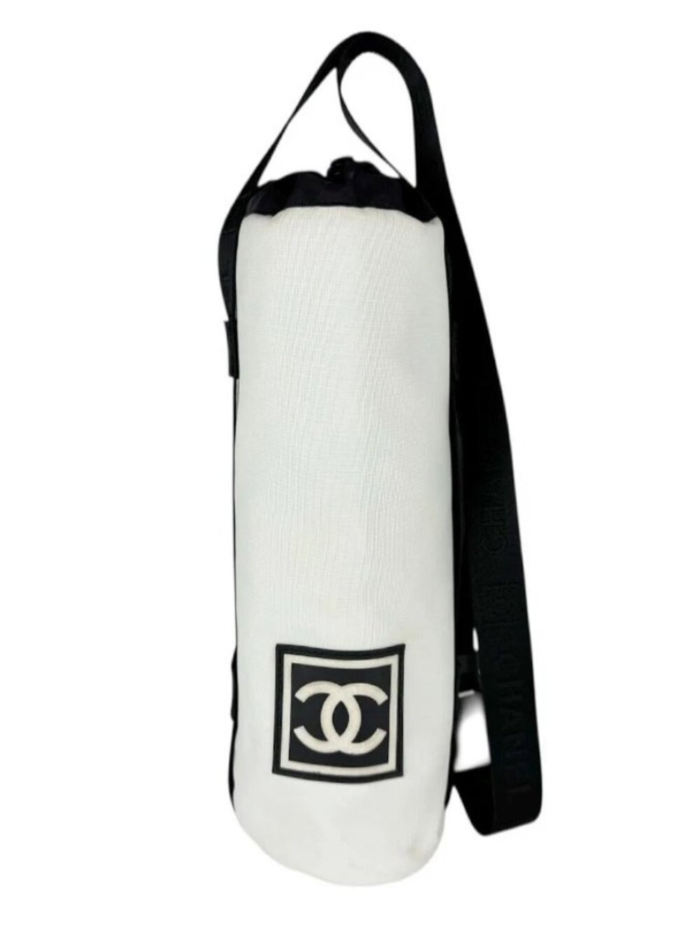 Auth CHANEL Sports Line Drink Bag Bottle Case White/Black Nylon
